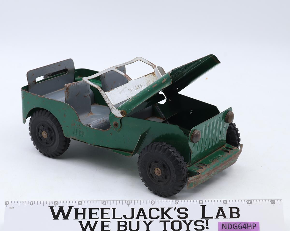 Green Willys Jeep Army Vehicle Pressed Steel 1950s Marx Lumar Vintage 11" Long