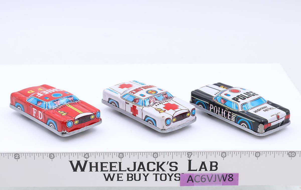 Lot of 3 Vintage Tin Toy Cars Made in Japan Ambulance, Fire Department, Police