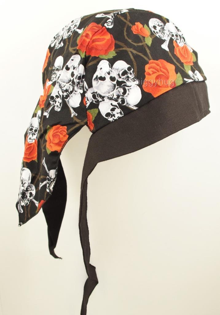 skull cap hat do doo rag skulls and roses black sweat band head wrap USA made - Picture 7 of 7