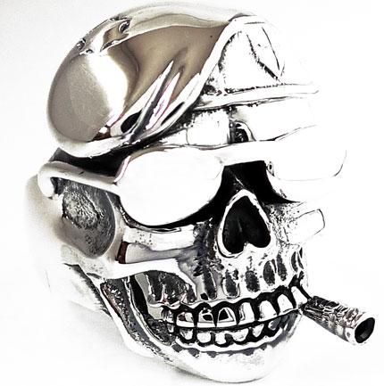 BIG SKULL BERET SUNGLASS CIGAR STERLING 925 SILVER RING MILITARY JEWELRY