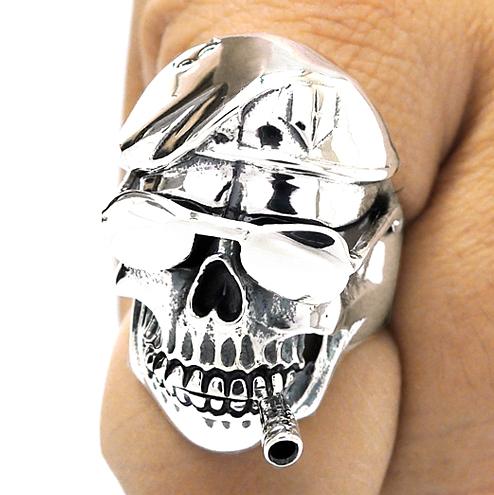 BIG SKULL BERET SUNGLASS CIGAR STERLING 925 SILVER RING MILITARY JEWELRY