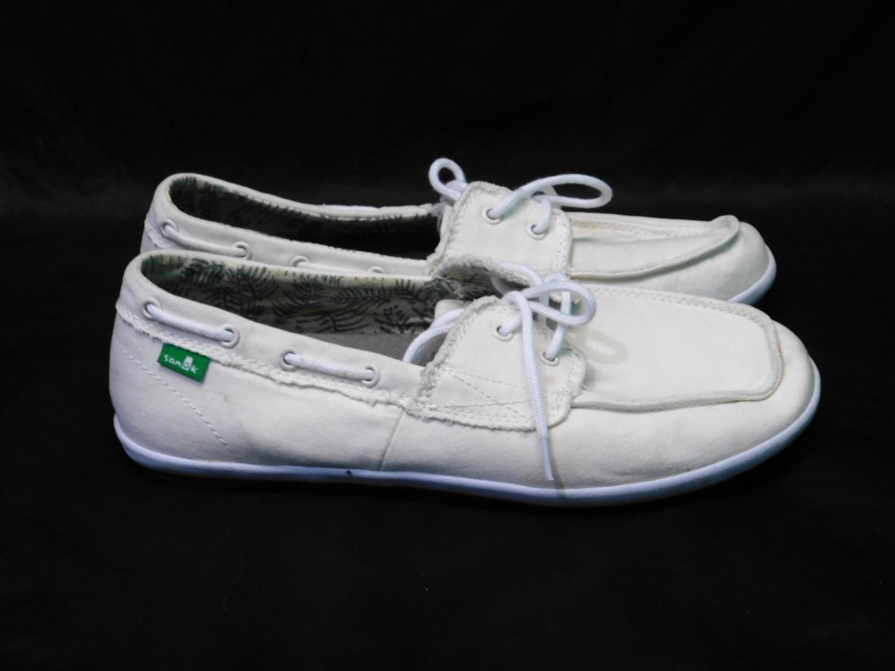 Sanuk 9 Cream White Canvas Boat Shoes Sailaway 2 Eye Fray Shoe Flats ...