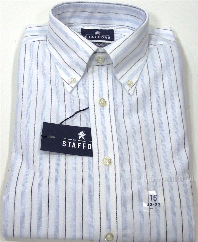 NWT~STAFFORD Men's Fitted Oxford Dress Shirt Wrinkle Free White w/Blue ...