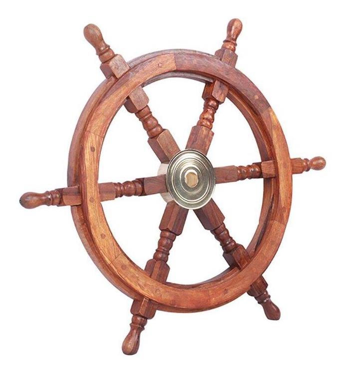 NAUTICAL MARITIME WOODEN SHIP STEERING WHEEL PIRATE DECOR WOOD BRASS WALL DECOR