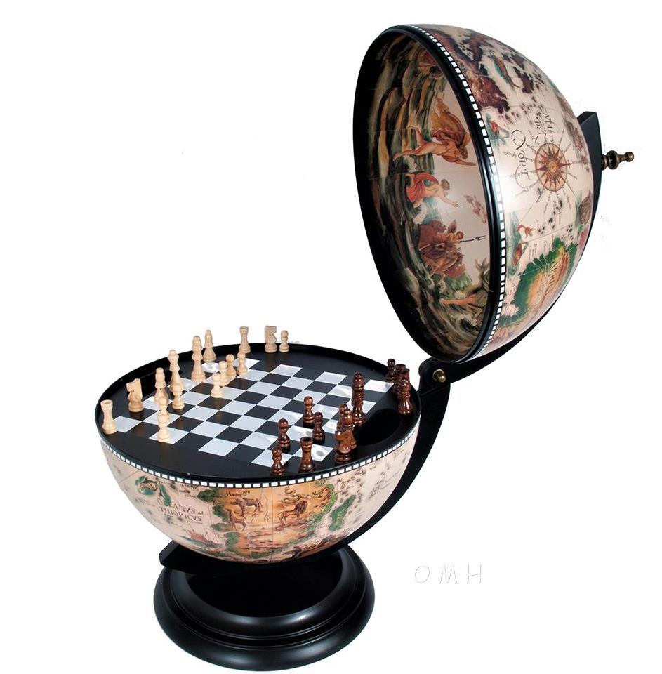 White Chess Board Set Pieces Hidden Table Top World Globe