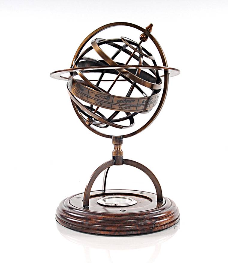 Brass Armillary Sphere Compass Wood Base Globe