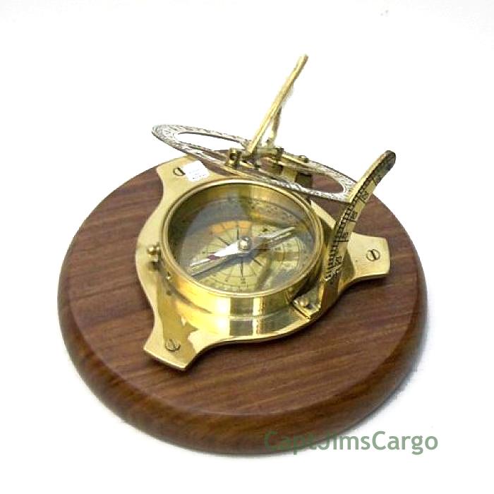 Brass Compass Sundial Teak Wood Nautical Decor