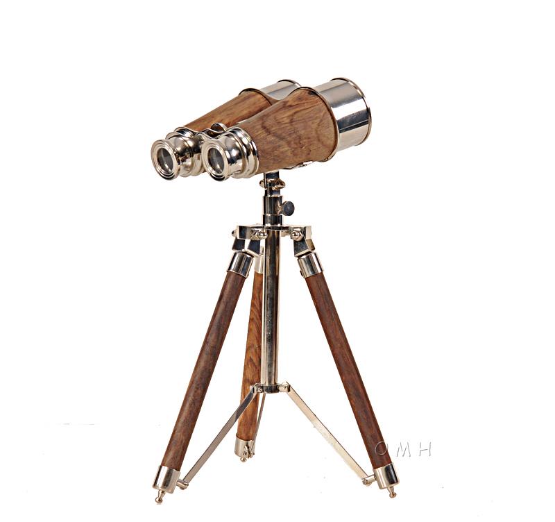 Brass Victorian Binoculars Tripod Wood Nickel Nautical Decor