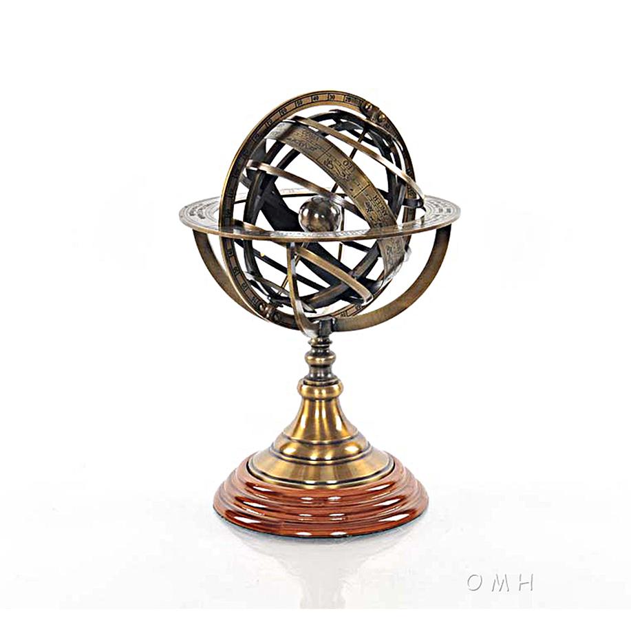Brass Armillary Sphere Globe Hardwood Antiqued Table Top