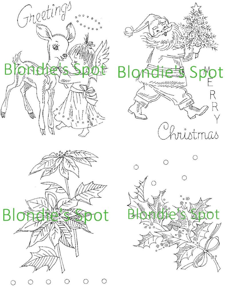 Hand Embroidery Transfer 975 Christmas Holly Poinsettia Santa Clause Angel Deer