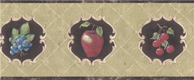 Wallpaper Border French Style Fruit Cherries Apples Pears /& Grapes Black Tan