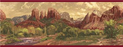 Wallpaper Border Southwest Red Mountains and River With Green Shrubs Red Trim