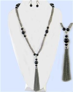 LONG Multi Chain Black Pearl Crystal TASSEL Silver Necklace Set Costume ...