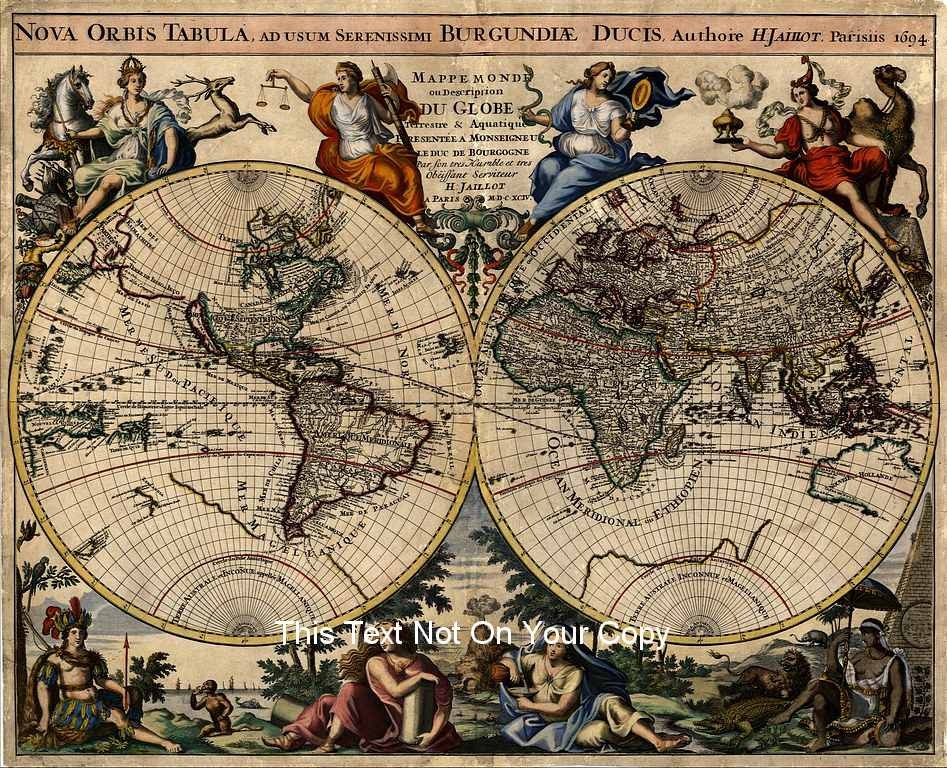 Alexis Jaillot S Reproduction Antique Old 1694 Decorated Color Colour World Map Ebay