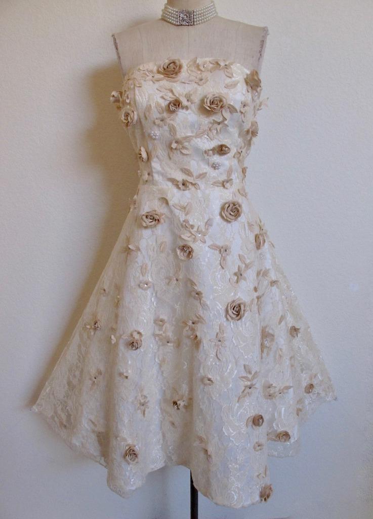 Unique Vintage Strapless Party Dress M 6 8 Ivory Lace Silk Flowers