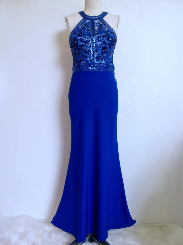 Ellie Wilde Beaded Evening Dress Maxi S XS Royal Blue Sequins Beads  Rhinestones | eBay