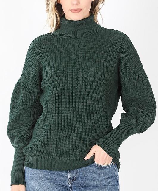 NEW NWT Boutique Hunter Green Ribbed Knit Turtleneck Puff Sleeve Sweater L or XL eBay