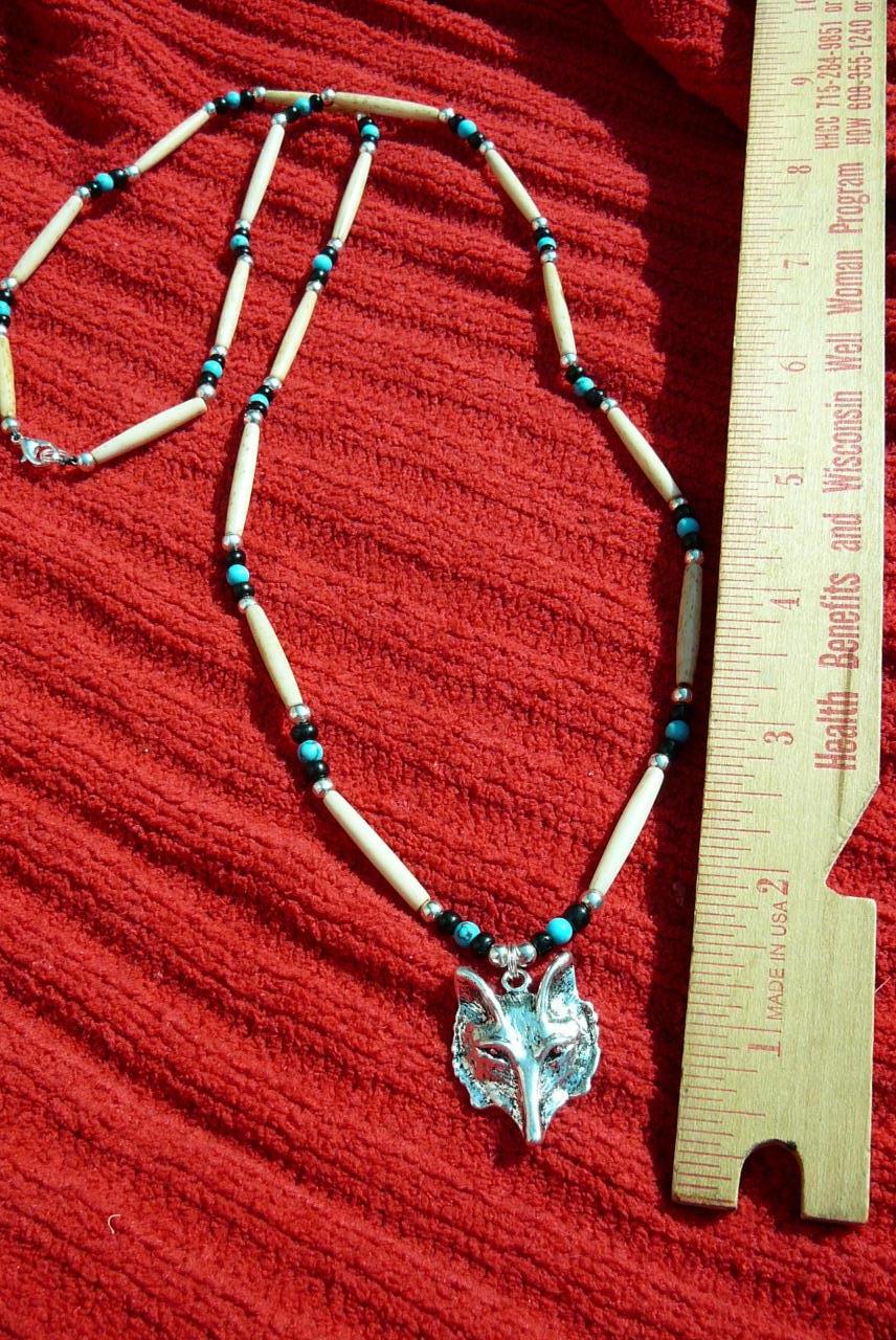 Guys Or Gals Thin Buffalo Bone Shadow Wolf Necklace Native American Ebay