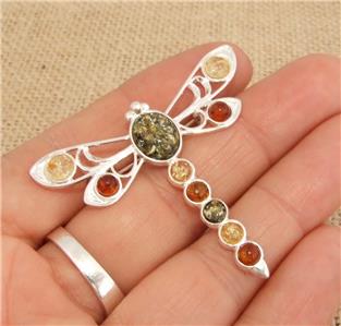 Multi Baltic Amber /& 925 Silver Dragonfly Brooch Pin Jewellery