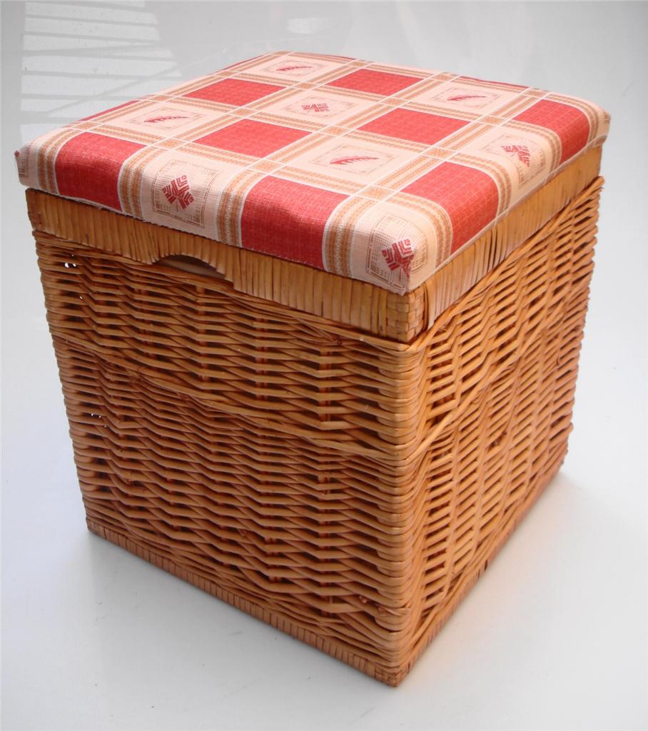 Strong Natural Wicker Laundry Basket Padded Storage Stool Seat Chest ...