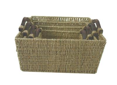 Wooden Handles Deep Big Rectangle A4 Paper Magazine Seagrass Storage Basket