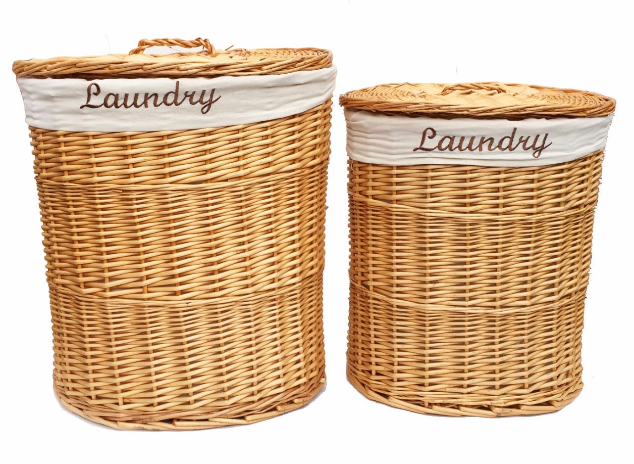 BROWN WHITE BLACK OVAL WICKER LAUNDRY BASKET WITH LID & REMOVABLE