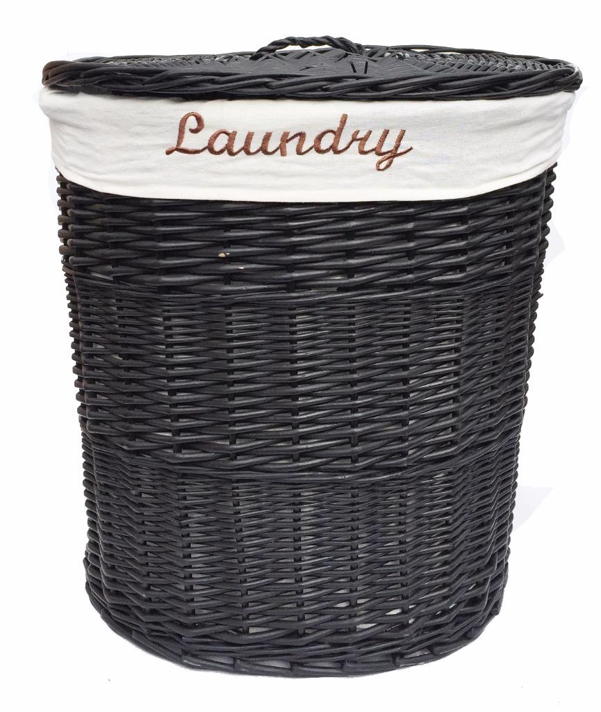 BROWN WHITE BLACK OVAL WICKER LAUNDRY BASKET WITH LID & REMOVABLE