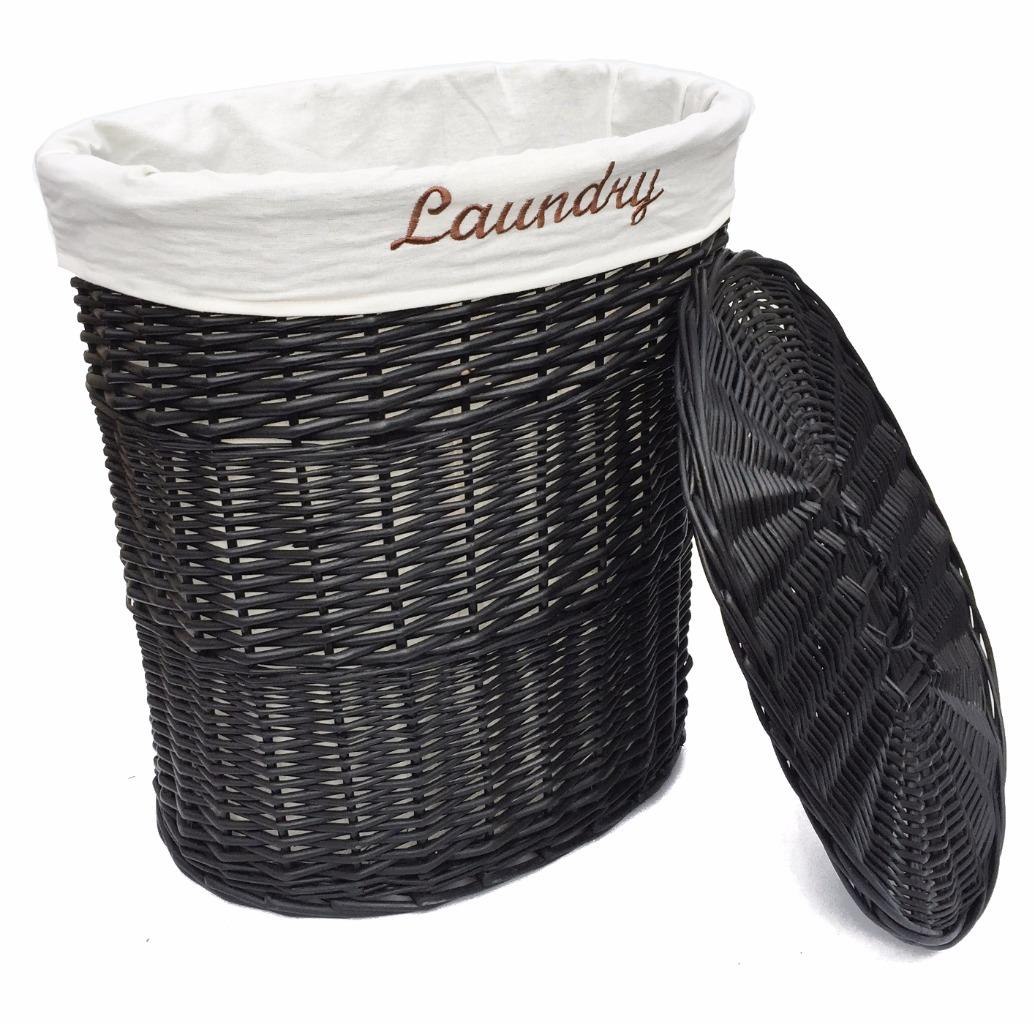 BROWN WHITE BLACK OVAL WICKER LAUNDRY BASKET WITH LID & REMOVABLE