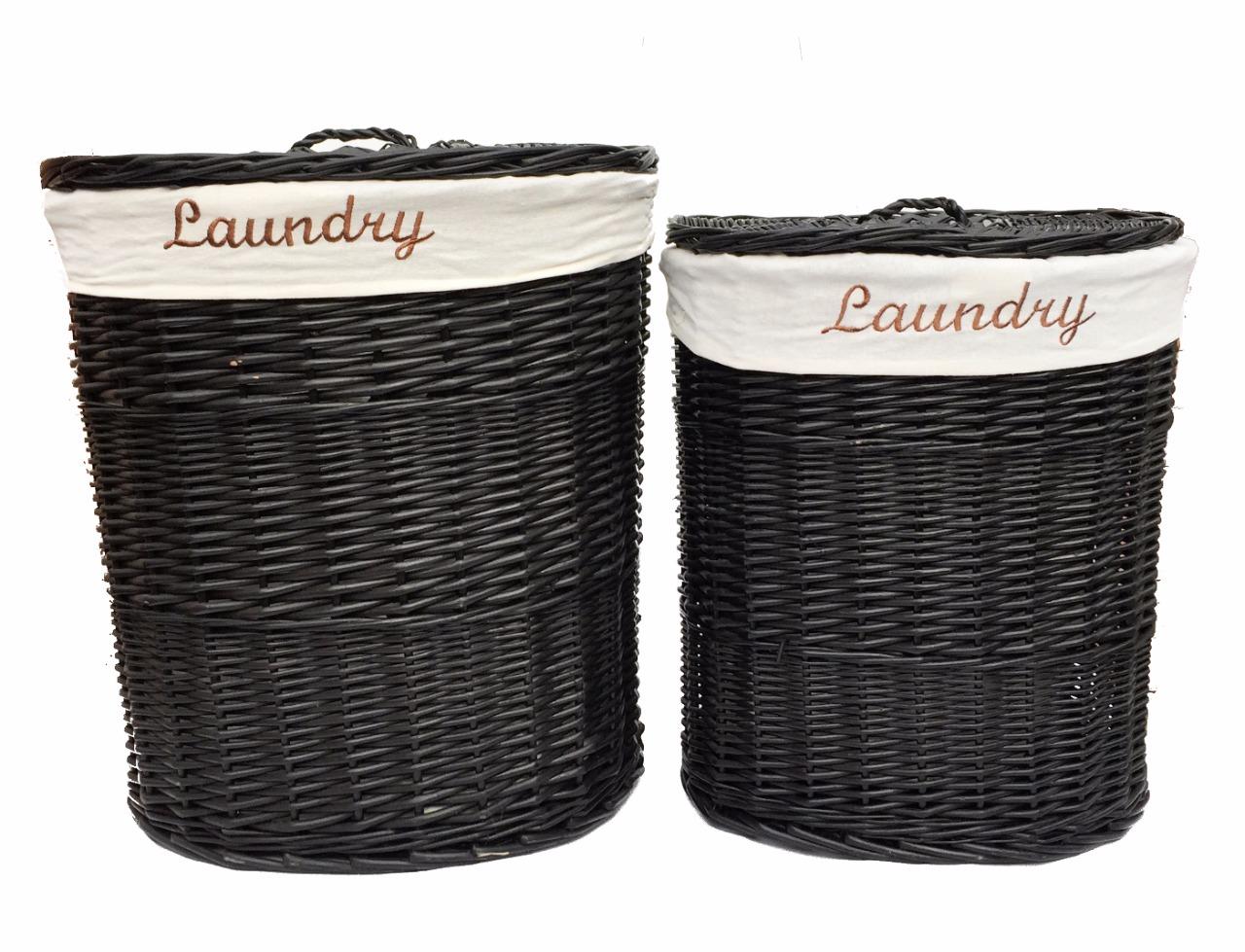 BROWN WHITE BLACK OVAL WICKER LAUNDRY BASKET WITH LID & REMOVABLE