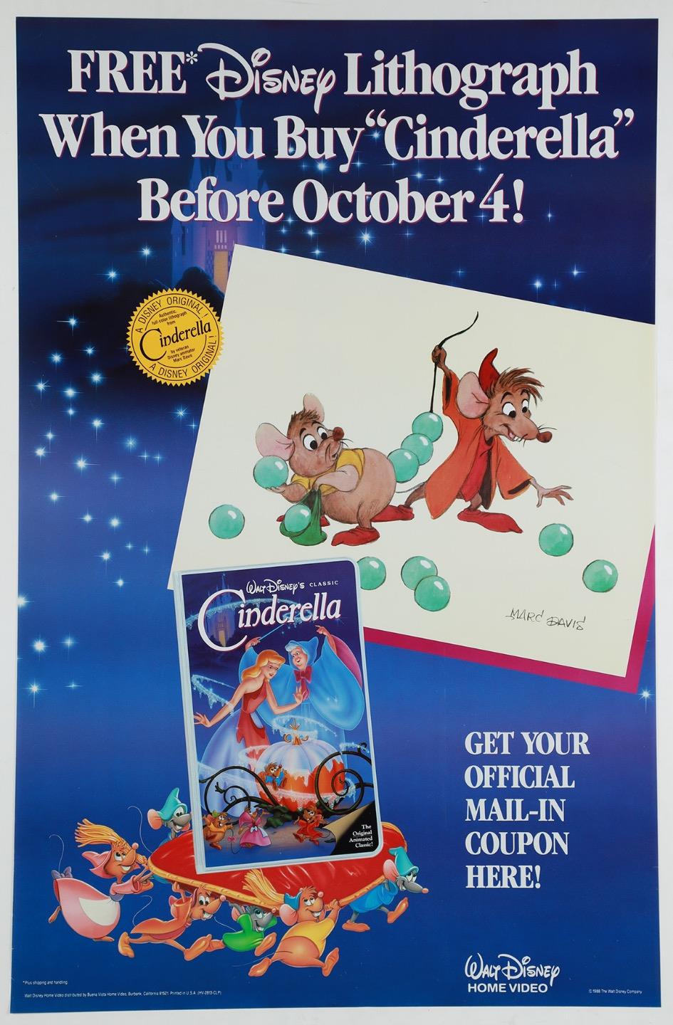 Cinderella 1988 VHS Movie Poster 26x40 Walt Disney Movie Memorabilia