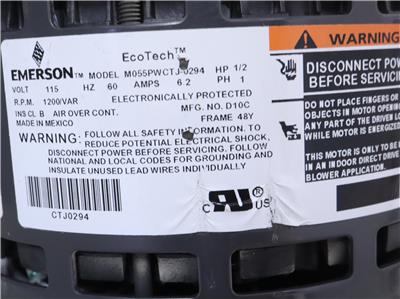 Emerson EM-Drive【国内正規品】【新品】 EMERSON EcoTech M055PWCTJ-0294 ECM Blower Motor 1/2HP 115V