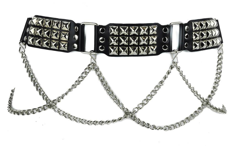 Pyramid Stud Hanging Chain Belt Real Black Leather Heavy Metal Gothic ...