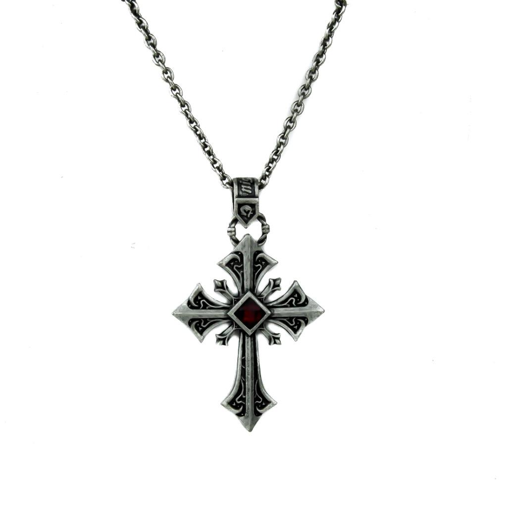 Antique Silver Finish Gothic Cross Necklace with Red Stone Victorian ...