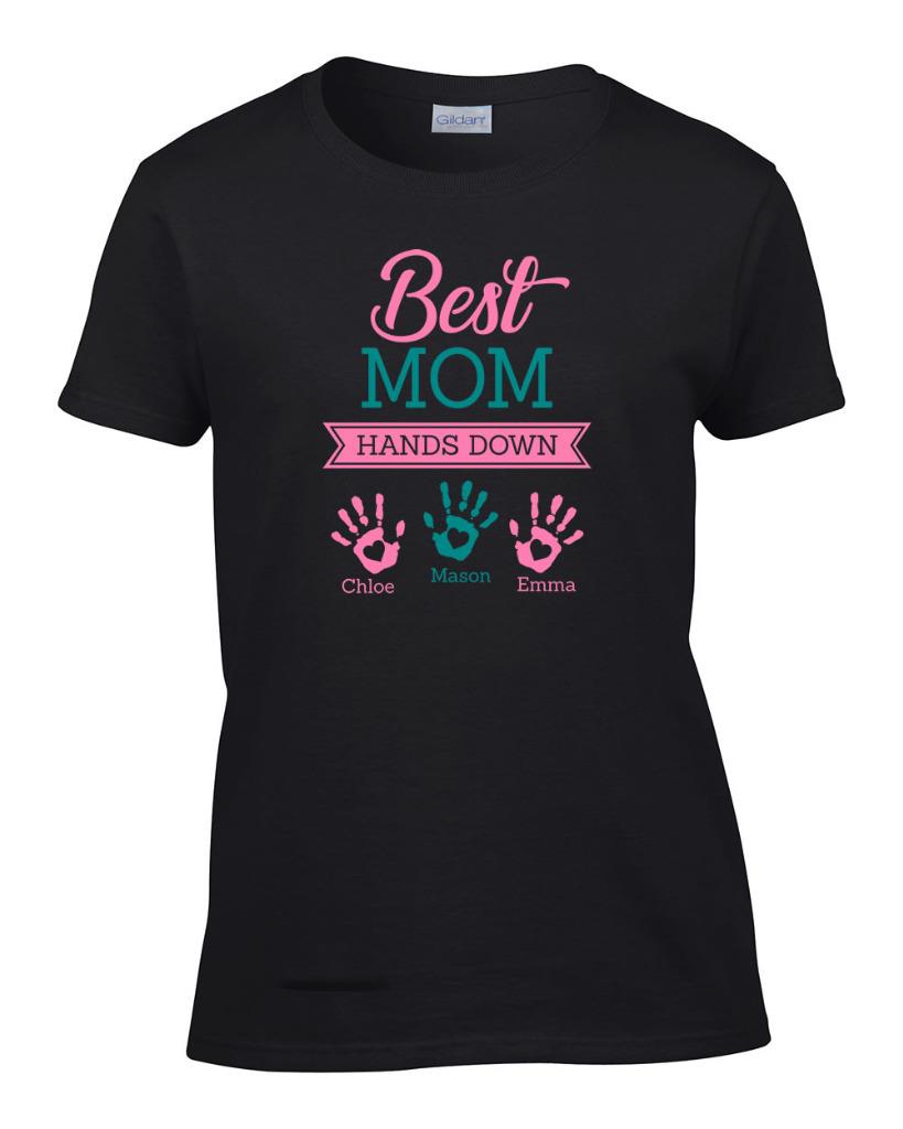 Ladies Personalized Best Mom Hands Down Kid Names T-Shirt Women’s Tee