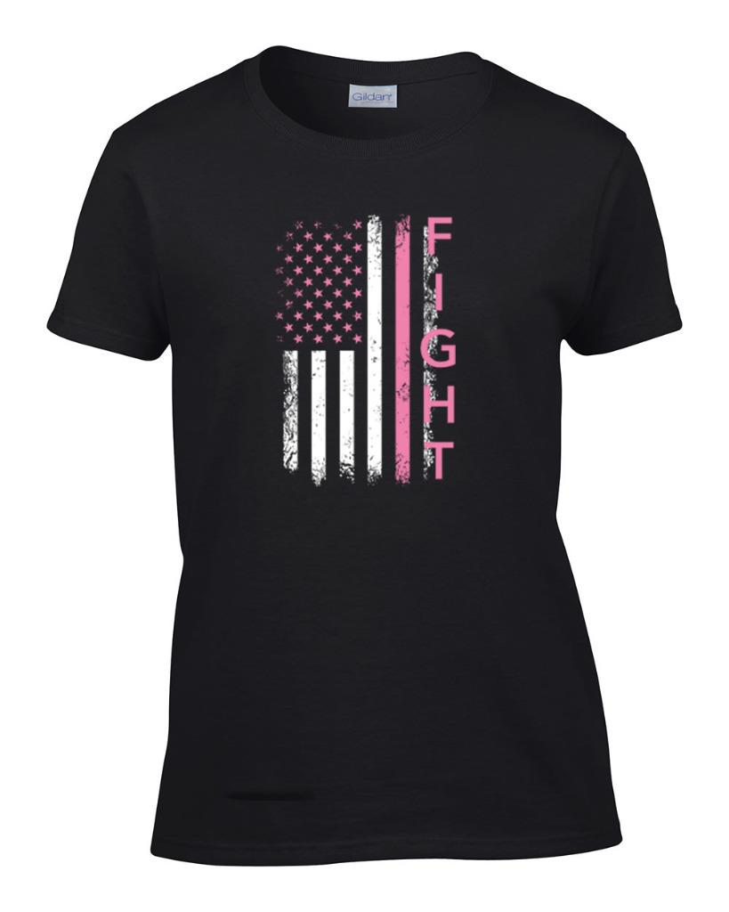 Ladies Breast Cancer Awareness Pink FIGHT Flag T-Shirt Women's Tee - Picture 2 of 9