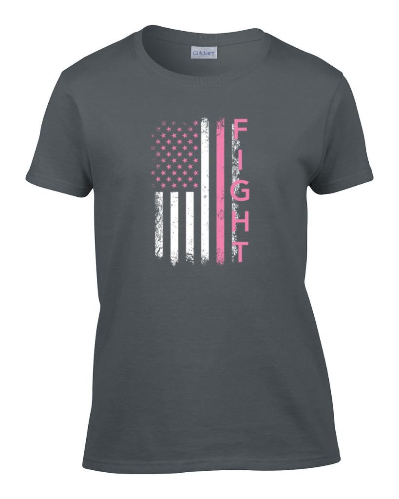 Ladies Breast Cancer Awareness Pink FIGHT Flag T-Shirt Women's Tee - Picture 5 of 9