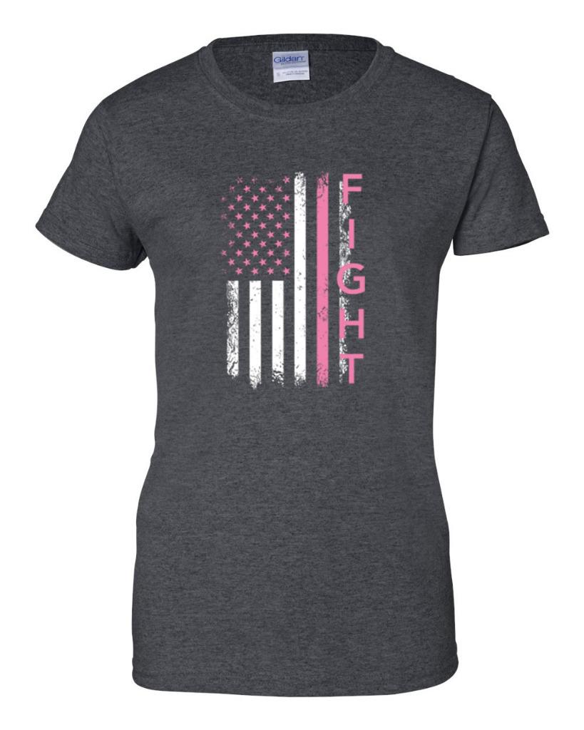 Ladies Breast Cancer Awareness Pink FIGHT Flag T-Shirt Women's Tee - Picture 9 of 9