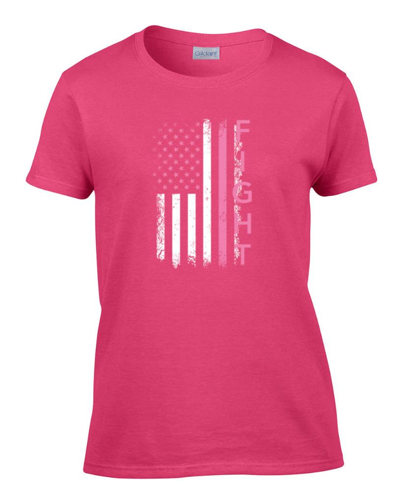 Ladies Breast Cancer Awareness Pink FIGHT Flag T-Shirt Women's Tee - Picture 8 of 9