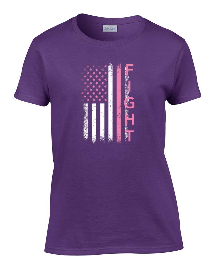 Ladies Breast Cancer Awareness Pink FIGHT Flag T-Shirt Women's Tee - Picture 6 of 9