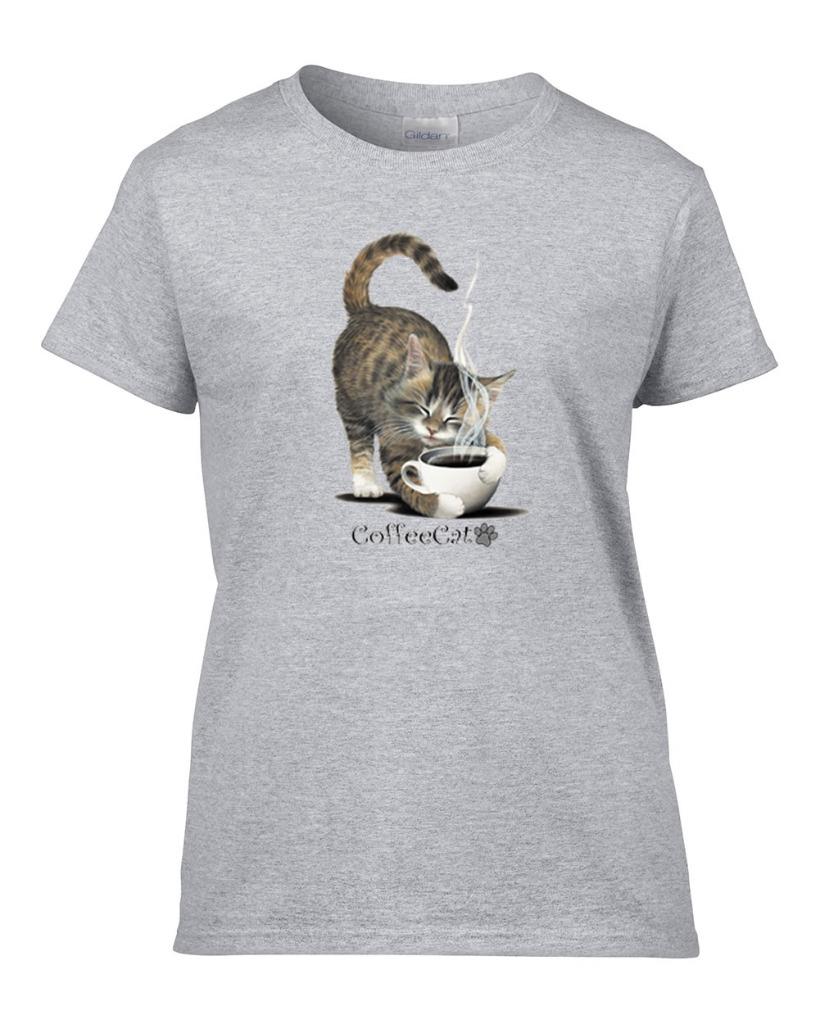 Women's Coffee Cat T-Shirt Cute Coffee Cup Ladies Cat Lover Tee | eBay