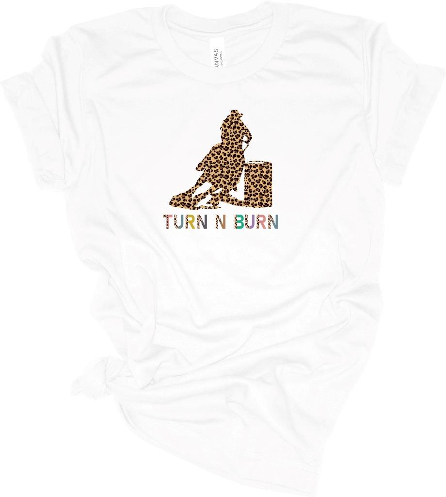 Leopard Turn N Burn Barrel Racer Racing Horse T-Shirt Cowgirl Tee