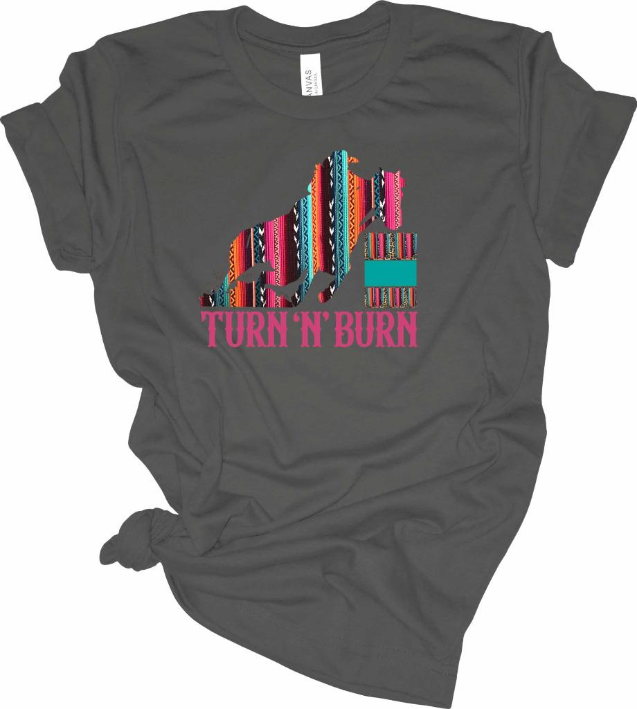 Serape Turn N Burn Barrel Racing T-Shirt Cowgirl Barrel Racer Shirt - Picture 7 of 13