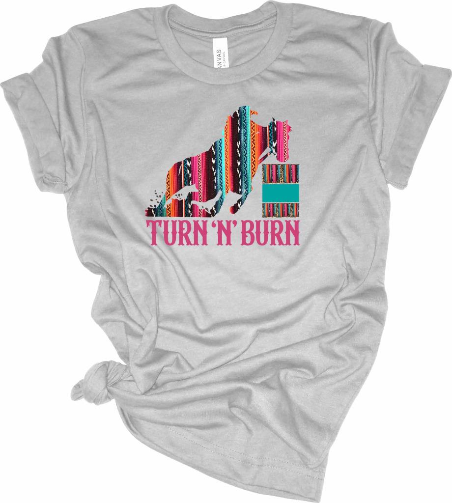 Serape Turn N Burn Barrel Racing T-Shirt Cowgirl Barrel Racer Shirt - Picture 5 of 13