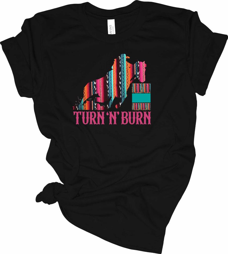 Serape Turn N Burn Barrel Racing T-Shirt Cowgirl Barrel Racer Shirt - Picture 3 of 13