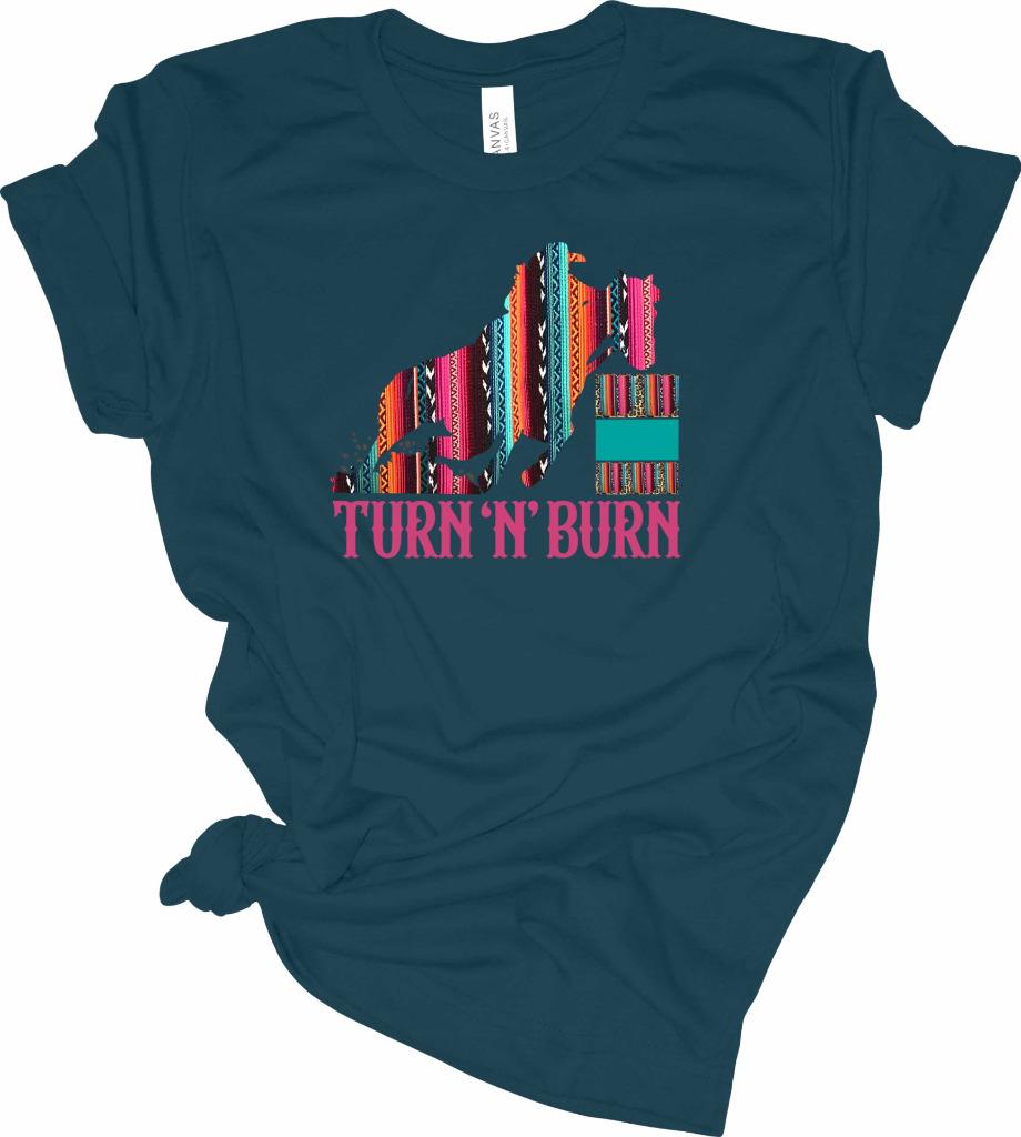 Serape Turn N Burn Barrel Racing T-Shirt Cowgirl Barrel Racer Shirt - Picture 9 of 13