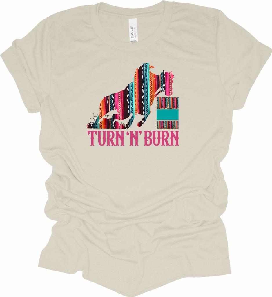 Serape Turn N Burn Barrel Racing T-Shirt Cowgirl Barrel Racer Shirt - Picture 4 of 13
