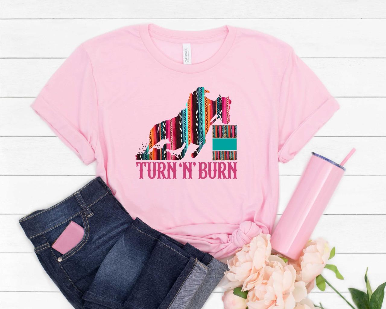 Serape Turn N Burn Barrel Racing T-Shirt Cowgirl Barrel Racer Shirt - Picture 8 of 13