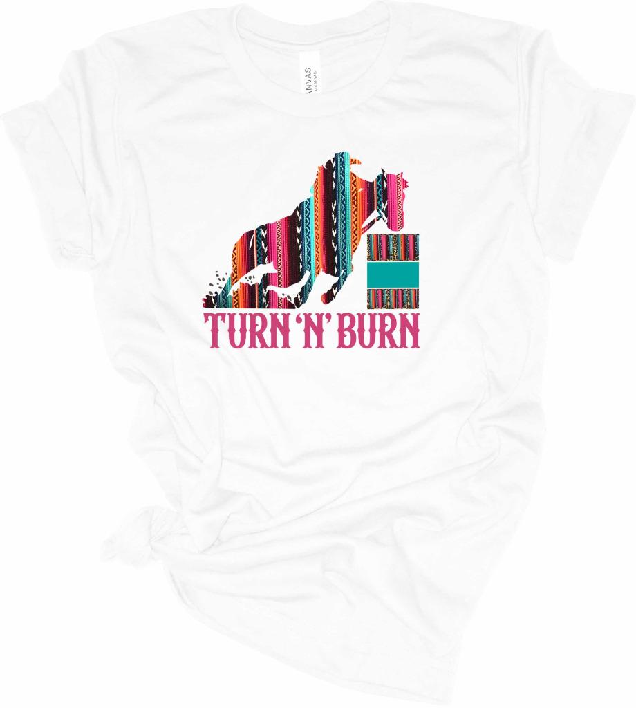 Serape Turn N Burn Barrel Racing T-Shirt Cowgirl Barrel Racer Shirt - Picture 2 of 13