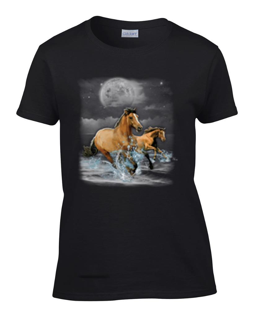Ladies Horse Wilderness Horses Running on Beach Night Moon T-Shirt - Foto 2 di 4