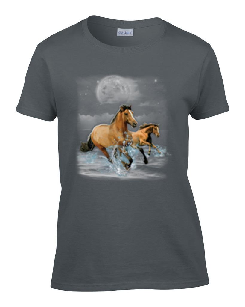 Ladies Horse Wilderness Horses Running on Beach Night Moon T-Shirt - Foto 3 di 4